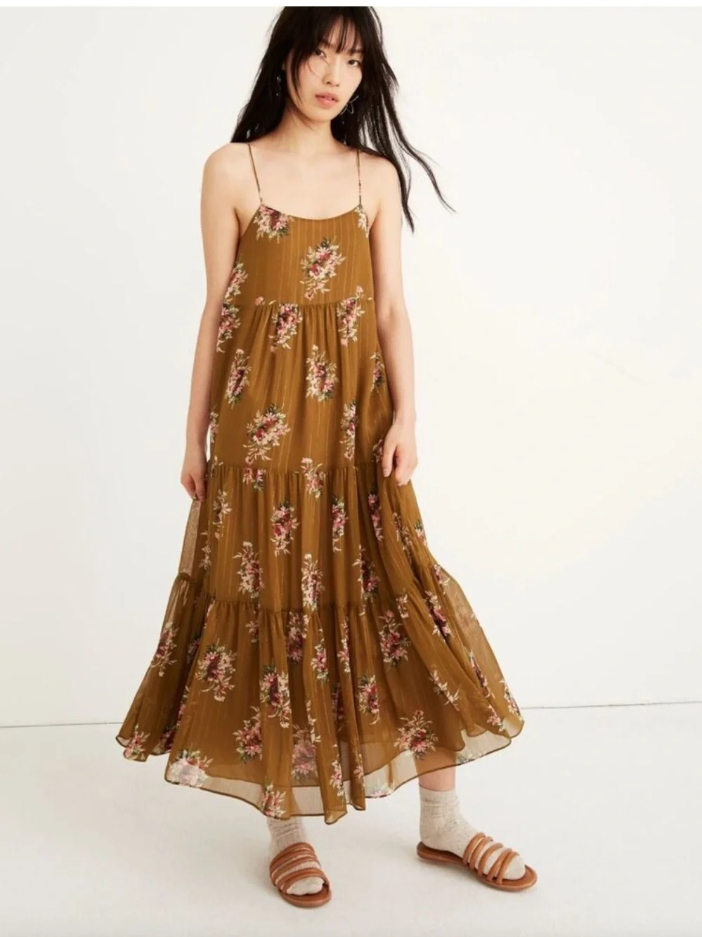 MADEWELL Cami Tiered Midi Dress Smocked Back Spaghetti Straps Flowy Loose US 10 - Picture 11 of 13